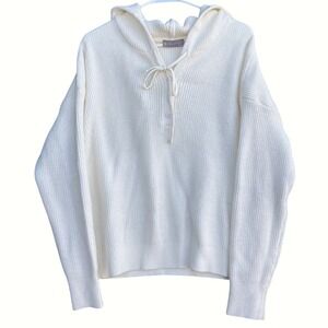 CYRUS Cute White Ribbed Knitted Sweater Cream Hoodie Drawstring 1/4 Button Large